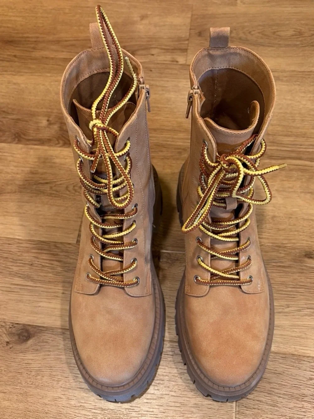 Dolce Vita Tan Lace-Up Combat Boots with Yellow-Trim Laces